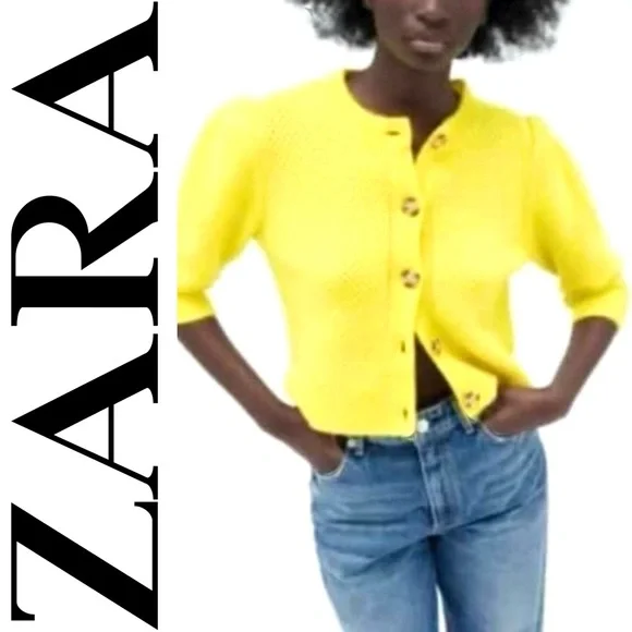 ZARA Bright Yellow Crop Cardigan Neon Retro Feminine Romantic Y2K 90s Size S - Picture 1 of 7